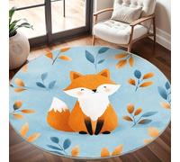 Non-Slip 200 cm Round Rug - Cute Cartoon Fox Flannel Round Area Carpet for Living Room, Low Pile Machine Washable Light Blue Circular Carpet Mat for Bedroom & Kids Playroom