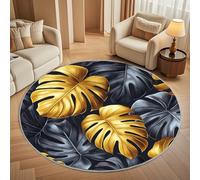 Non-Slip 80 cm Round Rug - Golden Monstera Leaf Pattern Flannel Round Area Carpet for Living Room, Low Pile Machine Washable White Circular Carpet Mat for Bedroom & Kids Playroom