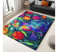 Non-Slip Area Rug 120 x 180 cm Geometric Cubism Cat Flowers, Colourful Short Pile Rug for Living Room, Soft Rectangle for Bedroom, Home Decor Carpet, Machine Washable Carpet