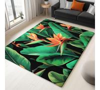 Non-Slip Area Rug 120 x 180 cm Plants Bird Of Paradise Green Leaves, Black Short Pile Rug for Living Room, Soft Rectangle for Bedroom, Home Decor Carpet, Machine Washable Carpet