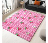 Non-Slip Area Rug 140 x 200 cm Cartoon Grid Background Strawberry, Pink Short Pile Rug for Living Room, Soft Rectangle for Bedroom, Home Decor Carpet, Machine Washable Carpet