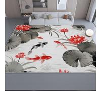 Non-Slip Area Rug 140 x 200 cm, Low Pile Machine Washable Carpet Chinese Style Lotus Leaf Carp Theme - Light Thin Durable White Pet Kid Friendly Rugs for Living Room Bedroom Dining Room Office