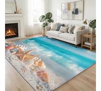 Non-Slip Area Rug 140 x 200 cm Seashells Starfish Machine Washable Carpet, Summer Beach Short Pile Rug For Living Room Soft Rectangle Bedroom Home Decor Carpet