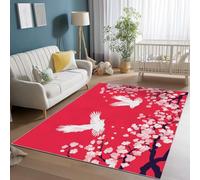 Non-Slip Area Rug 160 x 230 cm, Low Pile Machine Washable Carpet Simple Cherry Blossoms Bird Theme - Thin Durable Red Pet Kid Friendly Rugs for Living Room Bedroom Dining Room Office