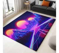 Non-Slip Area Rug 180 x 240 cm Retro Futurism Neon Mountains Road, Purple Short Pile Rug for Living Room, Soft Rectangle for Bedroom, Home Decor Carpet, Machine Washable Carpet