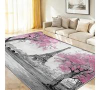 Non-Slip Area Rug 40 x 60 cm, Modern Cityscape Paris Tower Cherry Blossom Trees Carpet for Under Coffee Table, Pink And Grey Soft Short Pile Decor Rugs for Bedroom, Dressing Room & Home Office