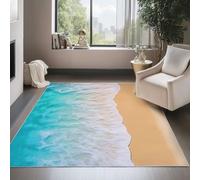 Non-Slip Area Rug 60 x 90 cm, Low Pile Machine Washable Carpet Nature Beach Waves Theme - Light Thin Durable Light Color Pet Kid Friendly Rugs for Living Room Bedroom Dining Room Office