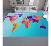 Non-Slip Area Rug 80 x 150 cm, Low Pile Machine Washable Carpet Cartoon World Map Theme - Light Thin Durable Light Blue Pet Kid Friendly Rugs for Living Room Bedroom Dining Room Office