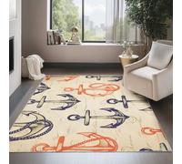 Non-Slip Area Rug 80 x 150 cm, Low Pile Machine Washable Carpet Retro Nautical Anchor Theme - Light Thin Durable Cream Pet Kid Friendly Rugs for Living Room Bedroom Dining Room Office