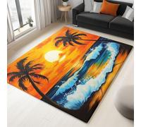 Non Slip Area Rug Sunset Palm Trees Ocean Waves 140x200cm Washable Living Room Area Rug, Modern Soft Faux Wool Carpet, for Bedroom Kitchen Office Home Decor