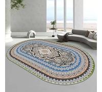 Non Slip Area Rug Washable Oval Rugs Living Room Bedroom Study Yoga Soft Carpet Retro geometric floral design in multi-colored blue and coral pink, 110 x 190cm