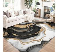 Non-Slip Area Rugs 60 x 90 cm, Black Soft Low Pile Rug for Kitchen Dining Room Laundry Office, Abstract Artistic Marble Pattern Gold Leaf Printed Indoor Carpet, Pet Friendly & Stain Resistant Rug
