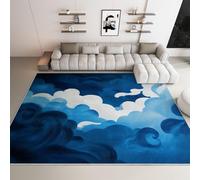 Non Slip Area Rugs Living Room - Blue Washable Super Soft Low Pile Rug for Bedroom - Japanese Line Art Ocean Waves and Clouds Non Shedding Durable Floor Carpet 60 x 90 Cm