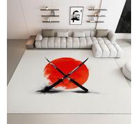 Non Slip Area Rugs Living Room - Gray Washable Super Soft Low Pile Rug for Bedroom - Cartoon Red Sun Japanese Samurai Sword Non Shedding Durable Floor Carpet 180 x 240 Cm