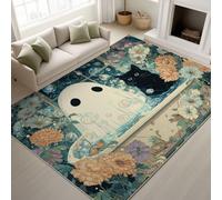 Non Slip backing Rug White Ghost Bathtub Splash Black Cat Bubbles Short Pile Fantasy Dreamy Soft Surreal Area Rugs Cute Fun Cosy Print Rug 90 x 150 cm Bedroom Black