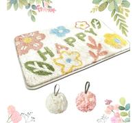 Non-Slip Bath Mat,50X80 Cm Soft Happy Flower Bathroom Rug And 2 Shower Puff,Absorb Water Shower Mat,Quick-Dry Washable Door Mat For Bathroom,Kitchen,Bedroom,Living Room Carpet Decoration(Pink Green)