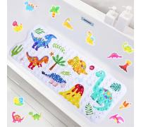 Non Slip Bath Mat for Kids, 100x40cm Extra Long Baby Bathtub Mat with 30 Pcs Dinosaur Anti-Slip Stickers & Scraper, Machine Washable Eco PVC Toddler Shower Safety Mat Set (Dinosaur Park Theme)