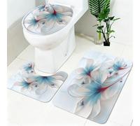 Non Slip Bath Mat Set 3 Piece Abstract Flowers Soft Bathroom Rug Set with Pedestal Mat White Shower Mat and Toilet Cover for Bathroom