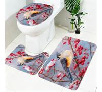 Non Slip Bath Mat Set 3 Piece Bird tit and berries Soft Bathroom Rug Set with Pedestal Mat Red Shower Mat and Toilet Cover for Bathroom