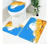 Non Slip Bath Mat Set 3 Piece Blue sky white clouds and leaves Soft Bathroom Rug Set with Pedestal Mat Yellow Shower Mat and Toilet Cover for Bathroom