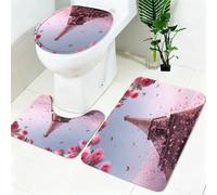 Non Slip Bath Mat Set 3 Piece Floral Eiffel Tower Soft Bathroom Rug Set with Pedestal Mat Pink Shower Mat and Toilet Cover for Bathroom