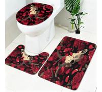 Non Slip Bath Mat Set 3 Piece Flower Skull Rose Soft Bathroom Rug Set with Pedestal Mat Red Shower Mat and Toilet Cover for Bathroom