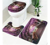 Non Slip Bath Mat Set 3 Piece Flowers cherry blossoms and wooden bridge Soft Bathroom Rug Set with Pedestal Mat Pink Shower Mat and Toilet Cover for Bathroom