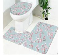 Non Slip Bath Mat Set 3 Piece Flowers Pink Cherry Blossoms Soft Bathroom Rug Set with Pedestal Mat Grey Shower Mat and Toilet Cover for Bathroom