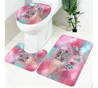 Non Slip Bath Mat Set 3 Piece Geometric Feather Owl Soft Bathroom Rug Set with Pedestal Mat Red Shower Mat and Toilet Cover for Bathroom