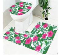 Non Slip Bath Mat Set 3 Piece Palm leaves and red flowers Soft Bathroom Rug Set with Pedestal Mat Green Shower Mat and Toilet Cover for Bathroom