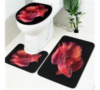 Non Slip Bath Mat Set 3 Piece Red Betta Soft Bathroom Rug Set with Pedestal Mat Black Shower Mat and Toilet Cover for Bathroom
