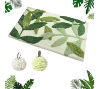 Non-Slip Bath Mat,Soft Leaf Bathroom Rug And 2 Shower Puff,50X80 Cm Absorb Water Shower Mat,Quick-Dry Washable Door Mat For Bathroom,Kitchen,Bedroom,Living Room Carpet Decoration(White Green)