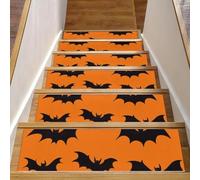 Non Slip Carpet Stair Treads, 15 Pack 8" X 30" Machine Washable Stair Mats Indoor Staircase Runners for Wooden Steps, Halloween Bats Silhouette on a Orange Background