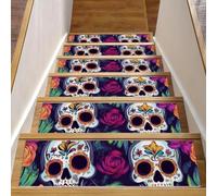 Non Slip Carpet Stair Treads, 15 Pack 8" X 30" Machine Washable Stair Mats Indoor Staircase Runners for Wooden Steps, Day of the Dead Skulls with Tropical Flowers
