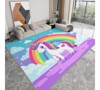 Non-Slip Carpets 120 x 180 cm Cartoon Unicorn Rainbow White Clouds Area Rug, Blue Washable Flannel Rug Living Room Bedroom Carpets - Indoor & Outdoor Children'S Crawling Mat