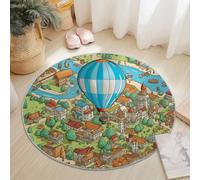Non Slip Cartoon Style Round Rug 120cm, Short Pile Super Soft Machine Washable Area Rugs Countryside City Architecture Printed Carpet for Living Room Bedroom Kitchen Nursery Lounge Color