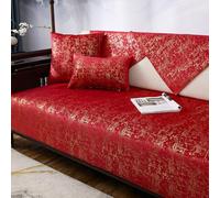 Non-Slip Couch Cover for 3-Cushion Sectional Sofa Leather-Friendly Red Slipcover with Gold-Stitched Pattern Fits 2-4 Seater 90"x90" - No Deviation or Displacement