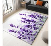 Non-Slip Cream Rug, Easy Care Short-Pile, 140 x 200 cm, Quality Minimalism Flowers Purple Lavender Printed, Carpets for Living Room, Kitchen, Bedroom, Hallway, and Dining Room