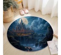 Non Slip Dark Fantasy Style Round Rug 90cm, Short Pile Super Soft Machine Washable Area Rugs Castle Moon River Printed Carpet for Living Room Bedroom Kitchen Nursery Lounge Color
