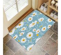 Non Slip Door Mat 50x80 cm Indoor Entrance, TPR Backing Doormat, Washable Absorbent Low-Profile Simple Floral Doormat, Abstract Daisy Front Entryway Inside Doormats Blue