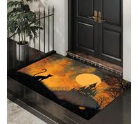 Non-Slip Door Mat Indoor, Black Cat Haunted House Machine Washable Entrance Rug, Full Moon Oil Painting Soft Inside Floor Mat for Entryway, 80x120 cm Front Back Door Mat for Kitchen Bedroom Yellow