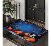 Non Slip Door Mat Indoor50x70 cm,Wooden Board Pumpkin Entrance Floor Mats,Weird Spider WebWashable Absorbent Dirt Trapper, Low Profile Doormats for Front Door Kitchen BedroomBlue