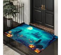 Non Slip Door Mat Indoor90x150 cm,Haunted Cemetery Entrance Floor Mats,Pumpkins Spooky CastleWashable Absorbent Dirt Trapper, Low Profile Doormats for Front Door Kitchen BedroomGreen