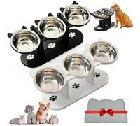 Non-slip Elevated Pet Feeder with 3 Bowls, Adjustable Heights Cat Food and Water Bowl, Anti-Slip Elevated 3-Bowl Pet Feeder, Wooden Raised Dog Bowles Feeders with Stainless Steel Bowls (C-1)