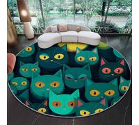 Non Slip Fantasy Style Round Rug 90cm, Short Pile Super Soft Machine Washable Area Rugs Simple Cute Animals Cat Printed Carpet for Living Room Bedroom Kitchen Nursery Lounge Green