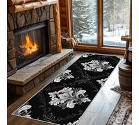 Non Slip Floral Oriental Runner Rug for Hallway Washable, 80 x 300 cm Black and White Carpet Runner Extra Long for Living Room, Hall, Kitchen, Bedroom, Indoor Door Mat, Ultra Thin