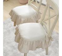 Non-Slip French Cotton Seat Cushion - Soft Ruffled Chair Pad with Ties - Cozy Cotton Fill for Dining Chairs Office & Kitchen (Set of 2 White)
