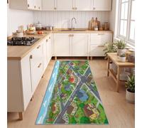 Non Slip Hallway Runner Rug 80x300 cm, Green Cartoon City Life Long Carpet | Building Road Car Rugs, Soft Washable Runner Rug for Kitchen Bedroom Living Room Entryway Laundry Corridor