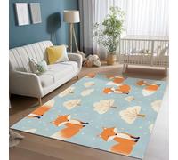 Non-Slip Indoor Area Rug Light Blue - Washable Cartoon Fox Tree Pattern Multifunctional Flannel Carpet for Bedroom Home Office Kitchen Playroom Decor, 80 x 150 cm