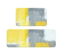 Non-Slip Kitchen Rug Set 2-Piece, Grey Yellow Abstract Art Area Rugs, Washable Kitchen Floor Mats With Quick-Dry Tech Anti-Fatigue Cushioned Pad For Sink Front, Laundry Room, Indoor Outdoor Use